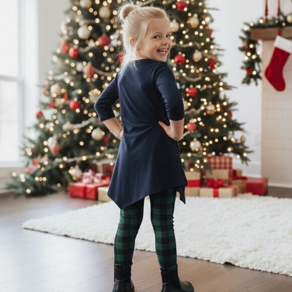 S NEW Girls Solid Navy Blue Dress, Asymmetric Hem, Long Top for Leggings - Picture 2 of 5